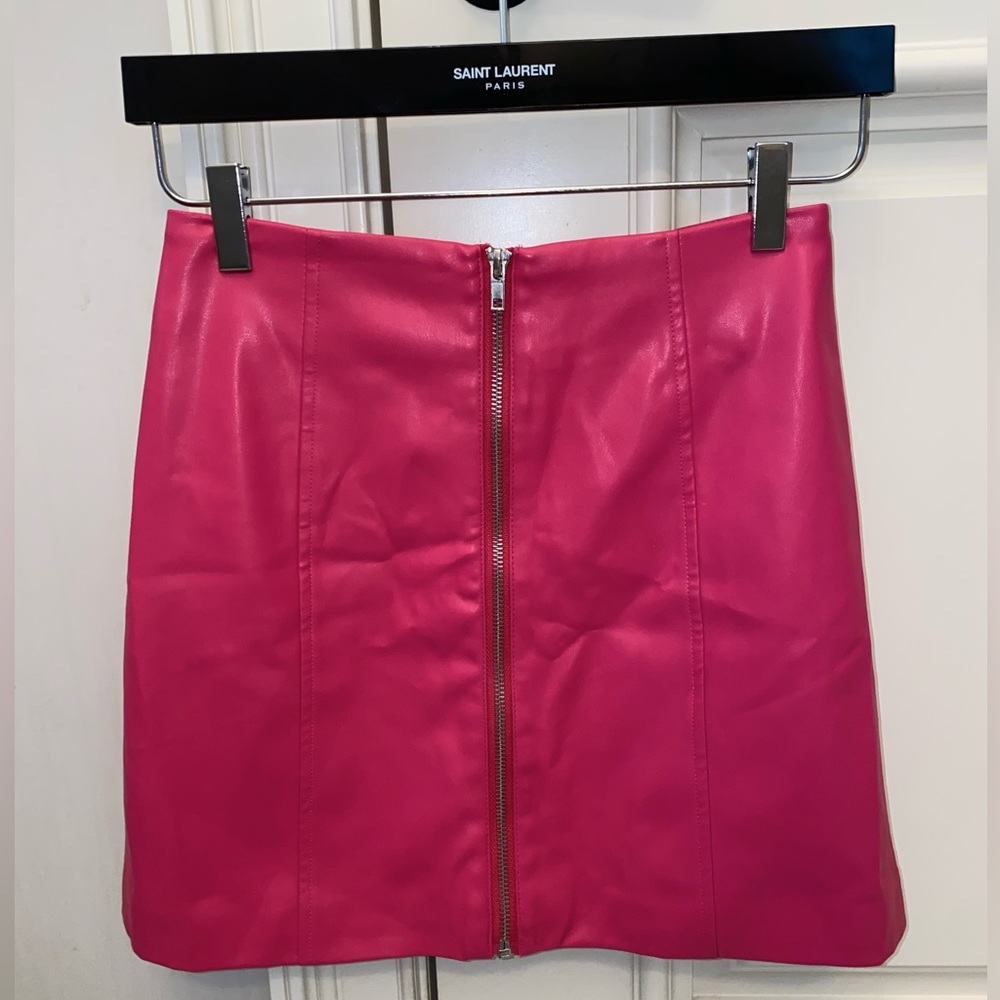 Hot pink faux leather zip up skirt